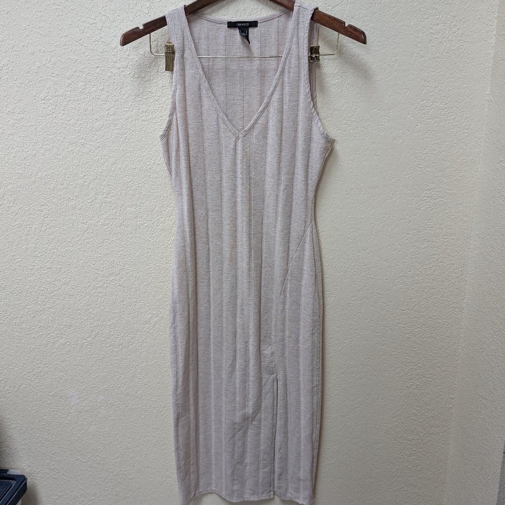 Vince Ribbed Sleeveless V-Neck Midi Dress in Beige